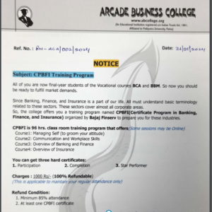 CPBFI Training Program Notice: (Arcade Business College: No. 1 college for BCA and BBM).